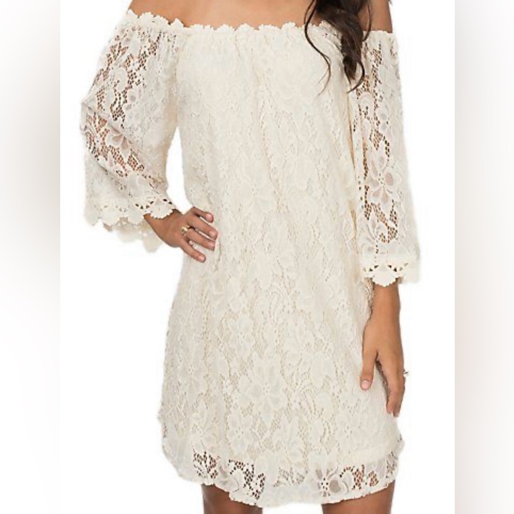NWT Umgee Ivory Lace Dress, Lined with Bell Sleeves ~ Size Small
